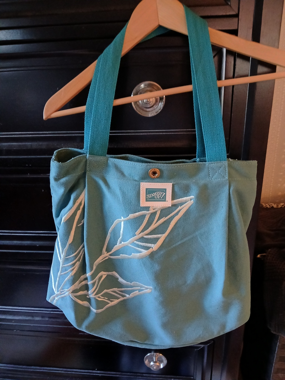 New Stampin' Up! Teal Canvas Tote with White Leaf Embroidery